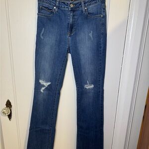 “Just Black Denim” Blue Straight Leg Jeans with Distressed Details